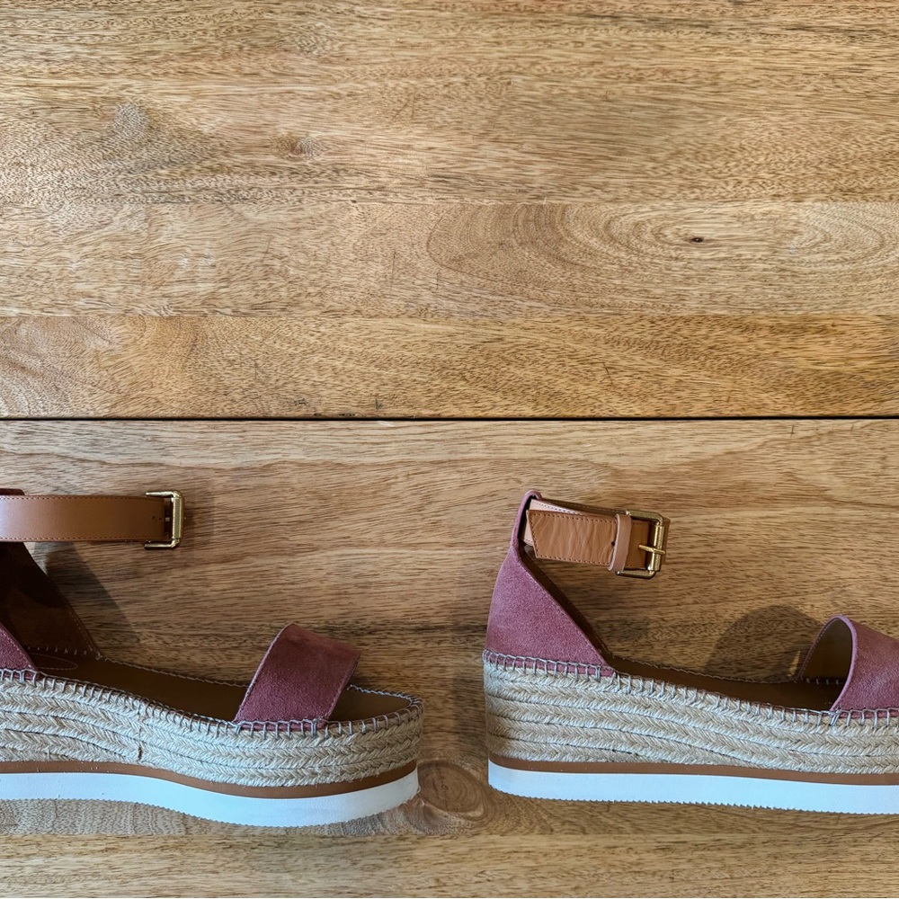 SEE BY CHLOE GLYN PLATFORM ESPADRILLE SANDALS PINK SUEDE & TAN LEATHER SIZE 42 - Picture 5 of 9